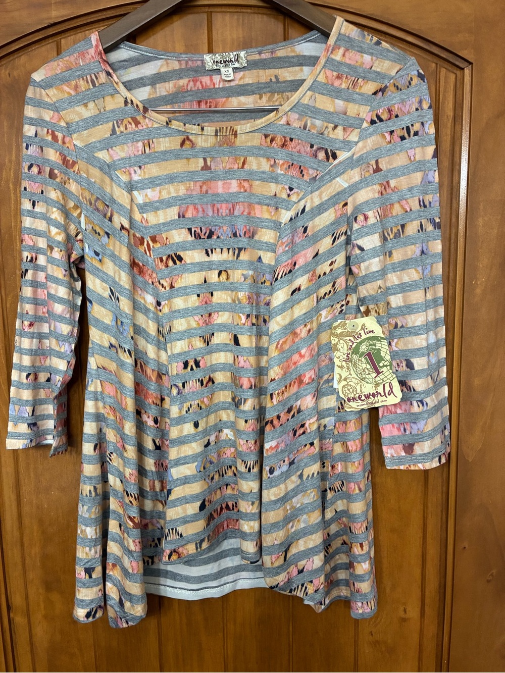 One World Live & Let Live Boho Striped Asymmetric Tunic Top Size XS